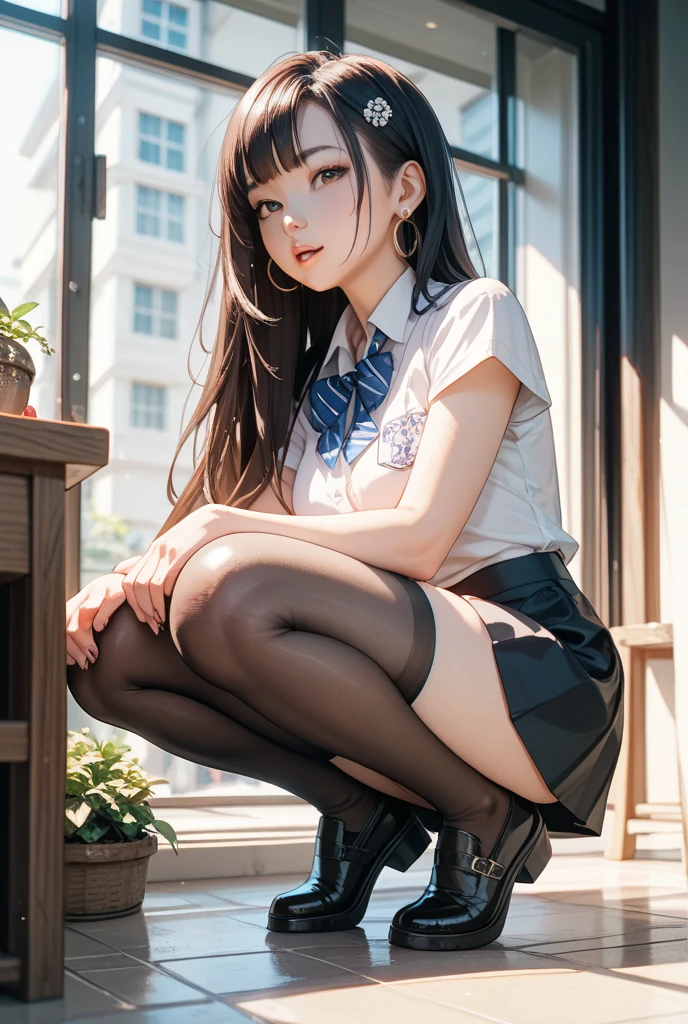 underwear, photo of 20 y.o lady, cute, panties, ((kpop idol)), lace panties, sitting, pantyshot, spread legs, skirt, school uniform, white panties, socks, black hair, shirt, blurry, blurry background, kneehighs, white shirt, loafers, realistic, long hair, lips, brown eyes, black socks, bowtie, pleated skirt, bow, head rest, looking to the side, outdoors, brown footwear, masterpiece, best quality, ultra-detailed,