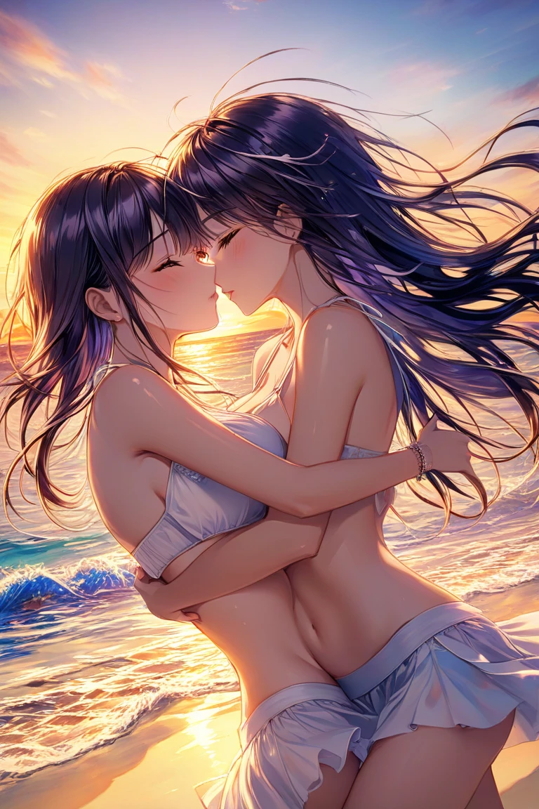((2 Little girls touch each other's breasts)), Brown hair, Brown eyes, Model, (Beautiful big breasts:1.3), Bare shoulders, (bared chest:1.2), (High School Uniform, Professional Photography, (((Bokeh))), Beach, Sea, Twilight, Sunset, Underwear pattern multicolor Touching each other's breasts Underwear pattern Two people staring at each other