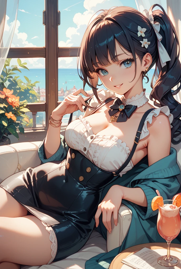 ((masterpiece)), ((best quality)), (ultra-detailed), ((kawaii)), cute, (lovely), ((sexy)), (ero), ((extremely detailed)), 4K, (8K), best quality, (beautiful), illustration, anime style, painting, dynamic angle, full body, look down from above, gradation, full body focus, laboratory, sofa, a cute girl, 1girl, solo, military costume,, beautiful black hair, beautiful black eyes, ((beautiful eyes)), light brown-skinned, ponytail, buttocks, large breast, wearing underpants, cool, blush, sparkling effect, lens flare, shiny-glistening, gleaming