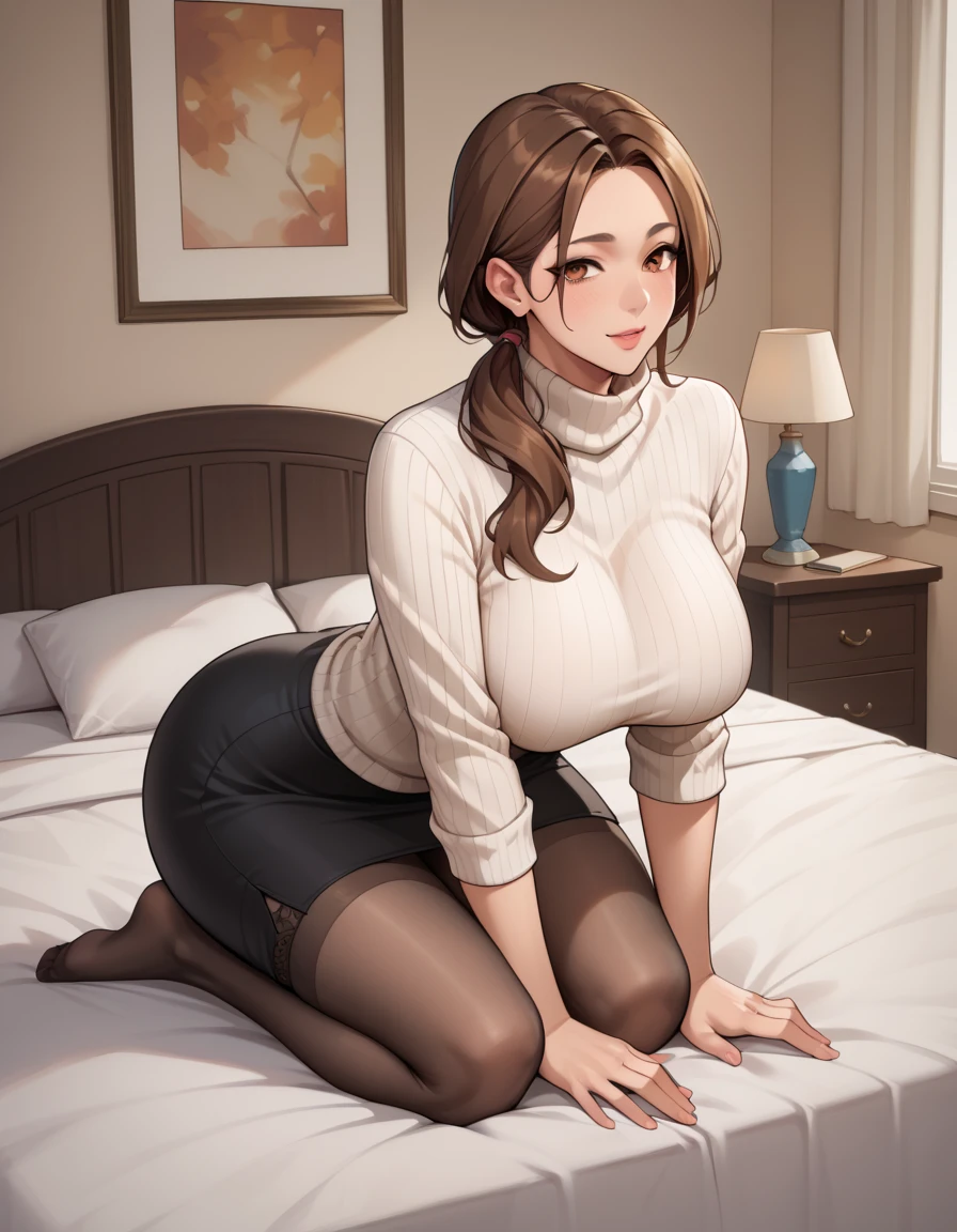 Woman sitting in office room、white walls、Gray table、posters on the wall、sexy  pose、(((​masterpiece))), ((top-quality)), ((intricate detailes)), ((hyper realisitic)), Absurd resolution, A MILF, A MILF, Near and far law, ighly detailed, illustratio, 1girl in, (Colossal tits)), perfect hand, Detailed finger, beatiful detailed eyes, length hair, Brown-eyed, nametag, vd, (obscene knit sweater), cleavage of the breast, tight skirts, Black Choker, 耳环, Stockings, 细致背景, Bedroom, perfect  eyes, mesmerizing eyes, Look at viewers, from the front side