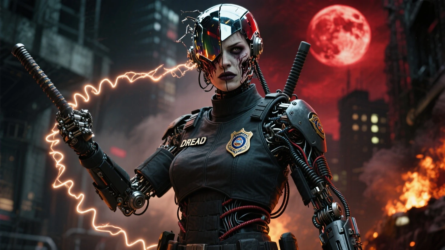 Dark fantasy cyberpunk . AI artwork masterpiece beautiful mechanical zombie female face screaming, photo, cinematic, A striking dark fantasy cyberpunk AI-generated masterpiece featuring a gorgeous, mechanical zombie female character screaming in agony. Her face is a blend of intricate machinery and bone structure, with glowing red eyes and a mouth full of sharp metallic teeth. The background is a dystopian, neon-lit cityscape with towering skyscrapers and flickering lights. The overall atmosphere is eerie and intense, with a sense of impending doom., cinematic, photo