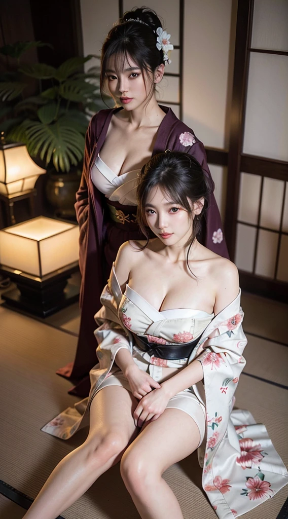 arafed woman in a kimono sitting on the floor in a room, yukata, classy yukata, in kimono, 色鮮やかなyukataを着て, wearing kimono, kimono, kimono, wearing a kimono, japanese kimono, in a kimono, wearing royal kimono, Japanese style, Akemi Takada, Ayaka, wearing a haori