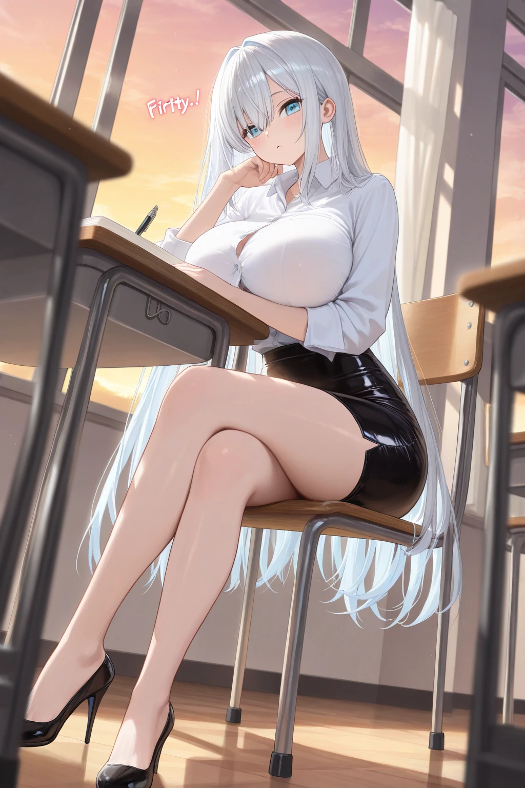 white hair, long hair, s eyes:1.5), (Large Breasts:1.2),
Rest special short skirt, skirt, White shirt， Setofuku,Low-cut，Cleavage，With eyes closed，boots，
Resting looking at viewer,
Rest indoors, Classroom break (masterpiece:1.2), best quality, high resolution, Unity 8k Wallpaper, (illustration:0.8), (Beautiful and delicate eyes:1.6), Extremely detailed face, Perfect lighting, Extremely detailed CG, (Perfect hands, Perfect anatomical structure),