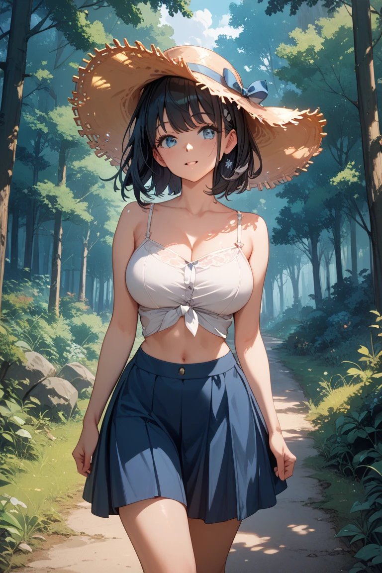 absurdres, RAW photo, extremely delicate and beautiful, masterpiece, Best Quality, ultra high resolution, 32k, hyperrealistic, ultra-detailed, perfect figure, tearful mole, earring, whole body shot, short medium hair, wavy hair, huge breast, casual, blouse, white shirt, buttoned shirt, bare shoulders, collarbone, midriff, navel, shorts, straw hat, 