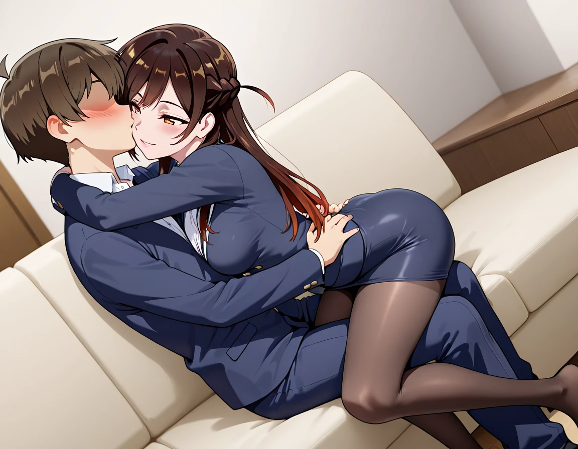 (Highest quality), (masterpiece), highly detailed, Ultra-high resolution, 2 women, Mature Woman, Mikasa sisters sleeping side by side, close together, On the left side of the bed, my sister is in a suit, a miniskirt and stockings, with her legs spread, and I am inserting my penis into her while I am having sex with her. My sister is asleep and unaware of it. On the right side of the bed, my sister is asleep, lying face down, wearing a suit, a miniskirt and stockings, and I am kneading her ass., whole body, Eyes that are uniform in shape, Sleeping with both eyes closed, Brown Hair, Short hair with the right side parted and the hair swept back, Short hair with the nape of the neck flipped outwards, Short side hair, She has a full head of pubic hair, Beautiful Vagina, White semen is spilling out from the gap between her vagina and my penis inserted in her vagina., A small cross-section of a uterus with a penis expelling semen in the background, Small Breasts,