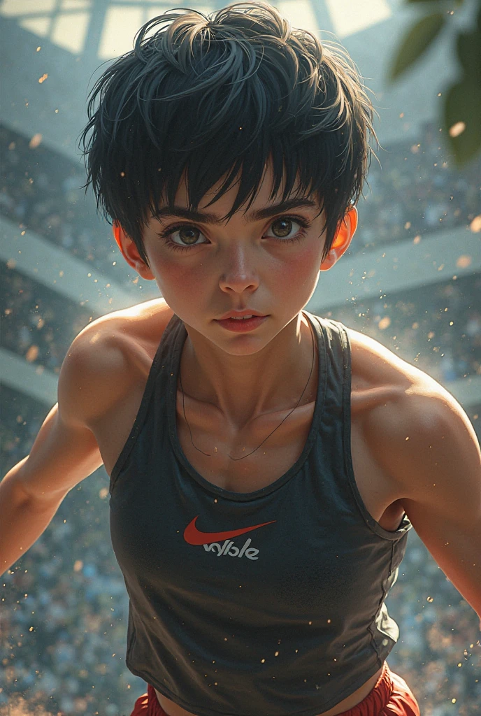 high quality,hd,16k,sharp line,1girl,female track and field athlete ,cute face, middle breasts, nice legs, wet hair,wet skins,in track and field,focus girl,detailed beautiful face,detailed clothes,beautiful eyes,cool,dynamic angle