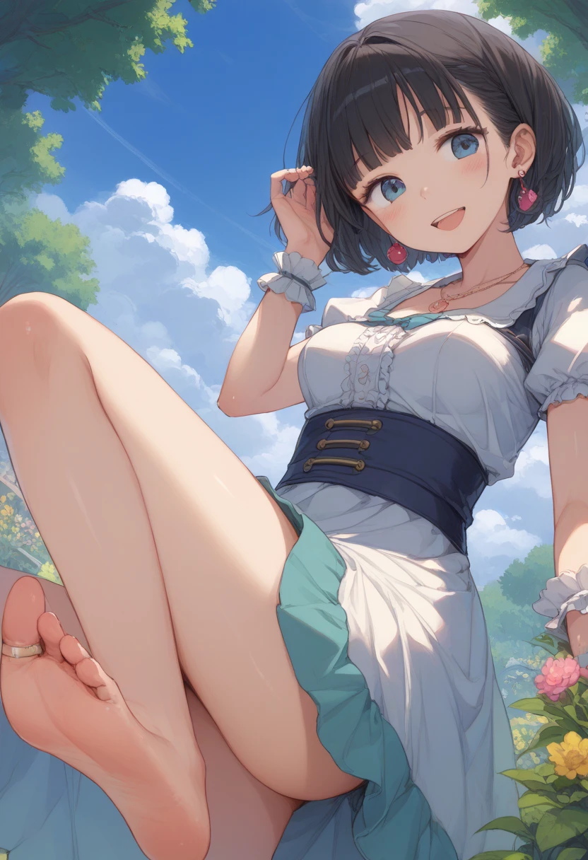 Black Hair　Beautiful breasts　clear　Short Bob　hair band　White dress　White panties　Beautiful feet　White shoes　summer　Outdoor