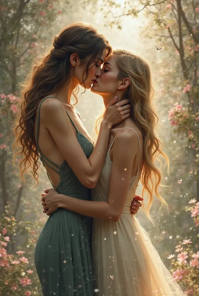 (masterpiece, best quality:1.5), highest quality, High resolution, super detailed, Realists, Upper body photo of red-haired woman, detailed and beautiful eyes, beautiful detailed lips, very detailed eyes and face, longeyelashes, Woman in evening dress made of shiny satin fabric, Beautiful and colorful makeup, elegant and noble々Pose,shiny satin headband, Grind, holding flowers, Gardens as background, soft daylight, bright colors, fine brushstrokes, Portrait style, Noble details in the dress fabric, beautiful color palette, glowing skin, First-class rendering, that captures every detail, enchanting atmosphere, subtle shadows and lights, (perfect anatomy:1.2), (The two stunning women lie in the grass and are deeply in love, the head touches the crotch:1.4), (kiss:1.2), (magnificent panorama view:1.2)