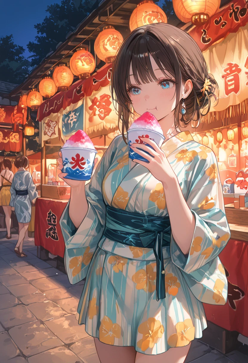 1girl,solo,cute,yukata,cleavage,she eat shaved ice,colorful,in the cafe
