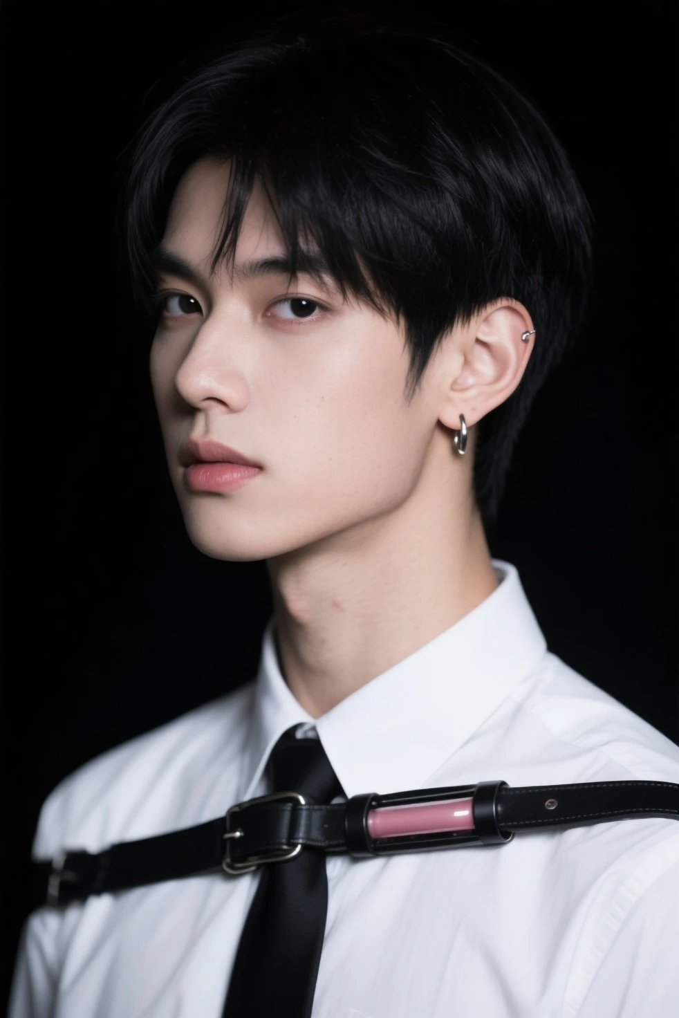 Highest quality, masterpiece, Ultra-high resolution, (Realistic: 1.4), Original photo, wallpaper, Head Photo, skin, Simple Background, iris, detailed, Underground Prison, Male idols,South Korea, 18-year-old, Black bow tie, Black trunks,Chained in shackles,Staring at me