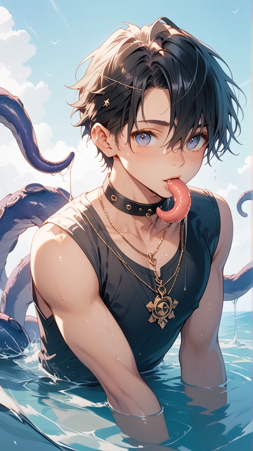 lamia male、1 person、delicate、12 years old、、Short black hair、naked、perspective close to the face、Composition centered on the upper body、stood up