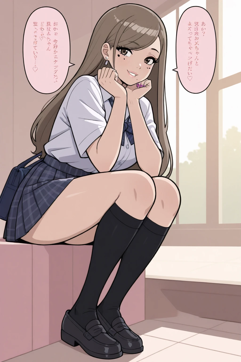 masterpiece, highest quality, Absurd, Perfect Anatomy, Beautiful background, Beautiful Face, Beautiful Eyes, Beautiful body, １People Girls,(Noodles)、from the front、Portraiture、 Twin tails、ribbon、Brown Hair,blush、smile、High School Girl Blazer、Sitting on the steps of the station、(Leg spread)、Hands on knees、Grey pencil skirt、Light blue lace panties、loose socks、sneakers