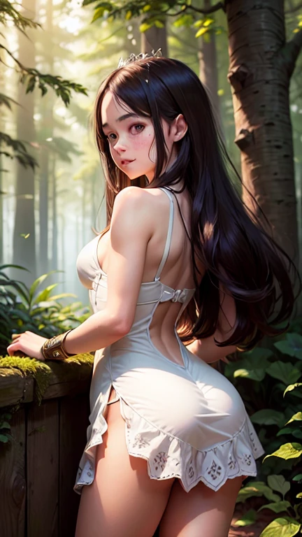 Fantasy, 1 woman, voluptuous, large breasts, wide hips, narrow waist, perfect legs and thighs, very long hair tied up in a black braid, walking towards me, in the background a forest, sexual gaze, sexual desire, nude, nsfw, full-length, high detail, 4k, masterpiece, film lighting