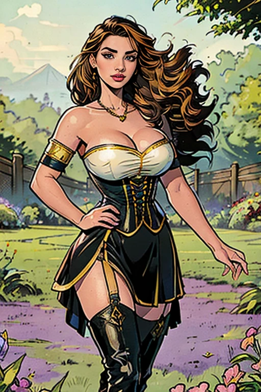 Gorgeous and sultry busty athletic (happy) brunette with sharp facial features, long hair, large breasts wearing a renaissance dress, off-shoulder, corset, red dress, In a renaissance fair, medieval village, forest.