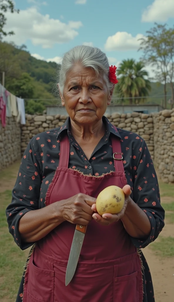 an old Indonesian woman,big breasted old indonesian woman,sexy old woman,face of asian indonesia,woman shows hands covered in mayonnaise,tired and weak expression,banana garden background