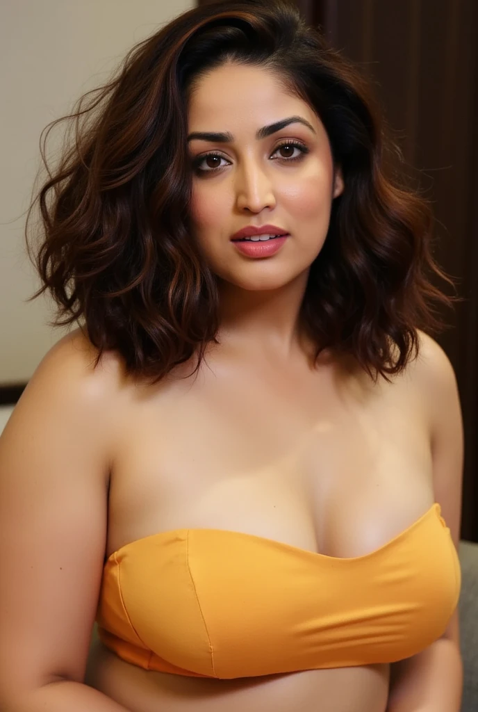 Beautiful elderly woman, cute,sexy,55 years old,,sexy, old woman,Big saggy Breasts, skimpy halter yellow clothing, Side boob, Curly Hair bunches like a school girl, loop earrings, hair bunches, cute hair, rosey cheeks, arms straight up, plain grey background