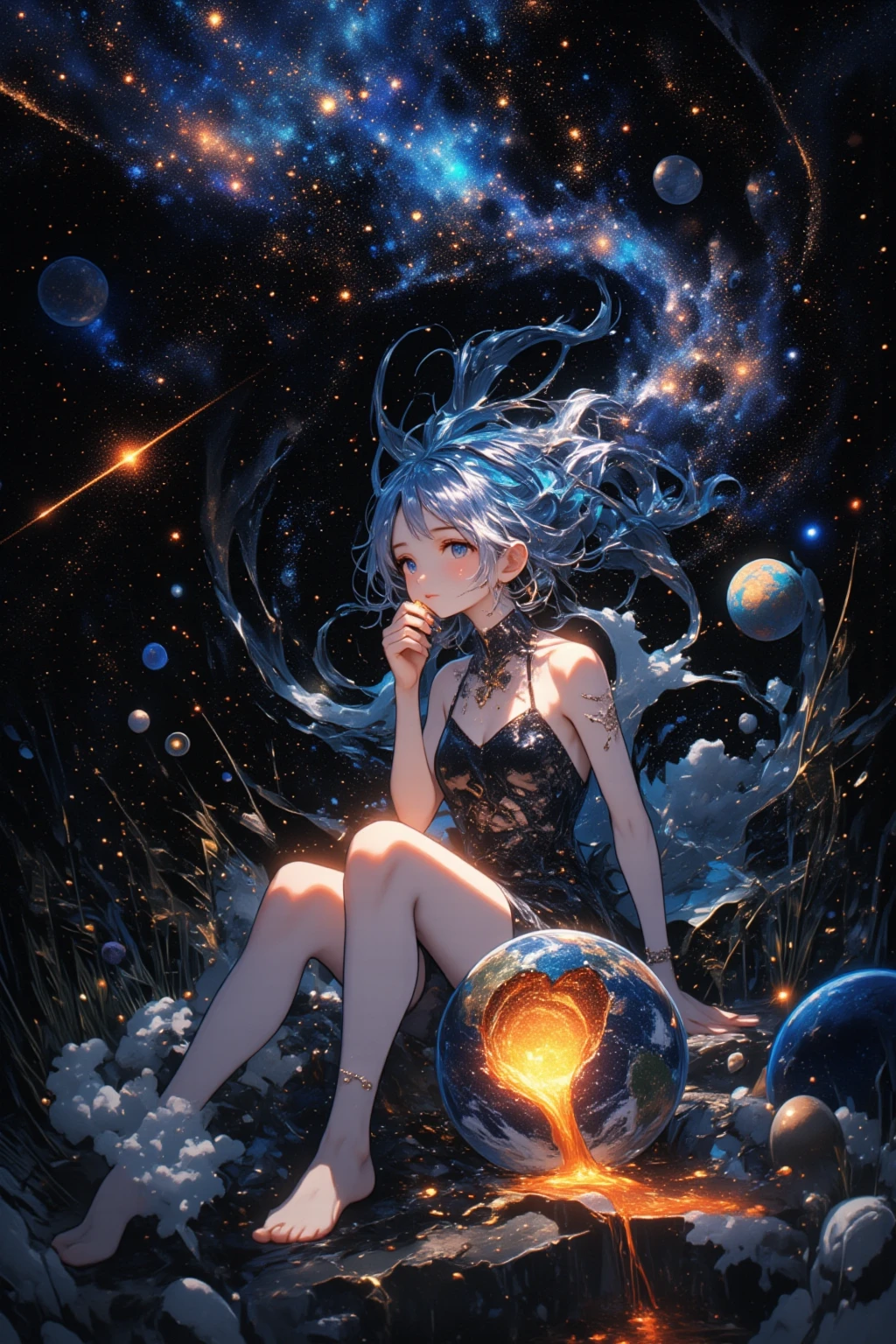 (((hyper detail))), farthest end, abyss, unidentified creature, highest quality, best quality, beautiful girl, beautiful legs, night sky, looking up at the sky