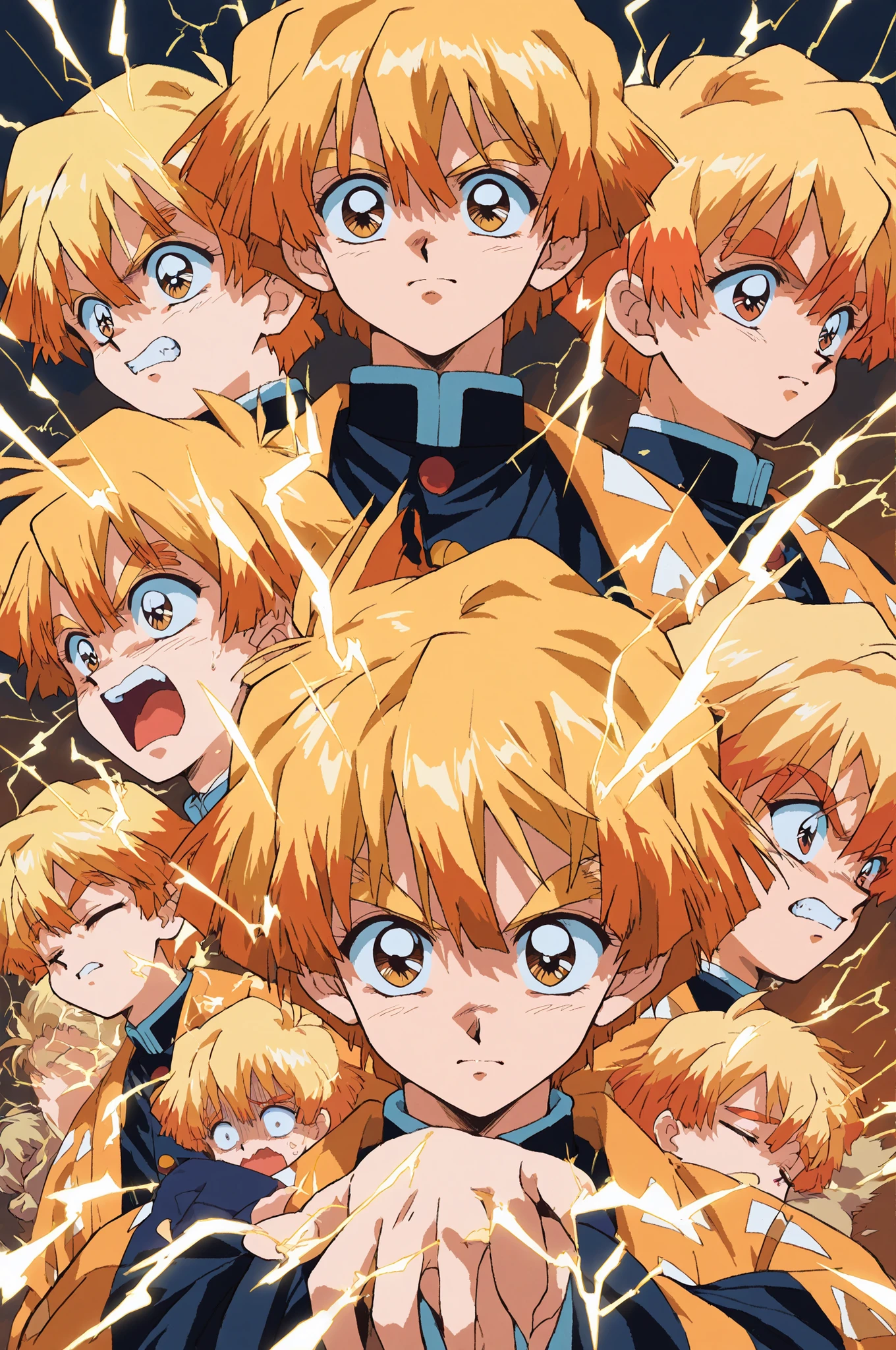 (90s Anime Style,Cel animation,Retro Color Grading,Soft noise,light film grain) top quality, Retro Masterpiece, 90s Anime Depiction, 最高品質, レトロアニメ傑作, 雷光描写力, 1boy, zenitsu agatsuma, retro anime style, detailed facial features, scared expression, 90s character design, detailed body features, blonde hair, thunder breathing effects, detailed outfit design, haori jacket, detailed body proportions, spiky hair, detailed texture, cowardly pose, detailed character design, yellow and orange theme, lightning effects, bright eyes, dramatic transformation, cel shading, japanese setting, electric aura, black uniform, retro coloring, lightning strikes, classic anime shading, sleeping battle mode, 90s aesthetic, energy sparks, speed lines, dramatic lighting, yellow electricity, contrast expressions, action pose