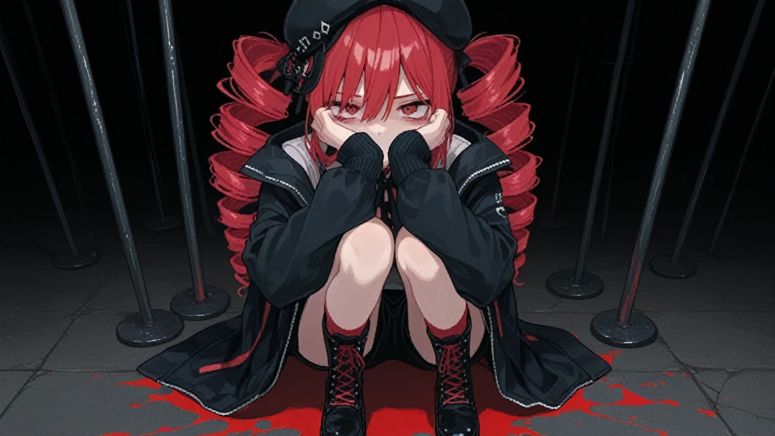 アニメ, best qualityer, Caucasian female, Red hair, Red eye , black long sleeve shirt with blood, very short black skirt , black long boots, black halo, black cyberpunk glasses on head, black devil syrup , with ax in hand