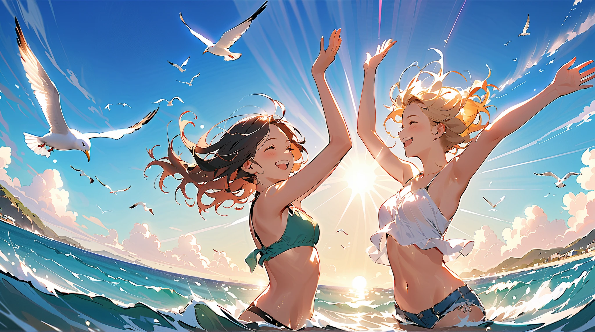 cute girls Dancing on the Sea Surface, rainbow, sun shine