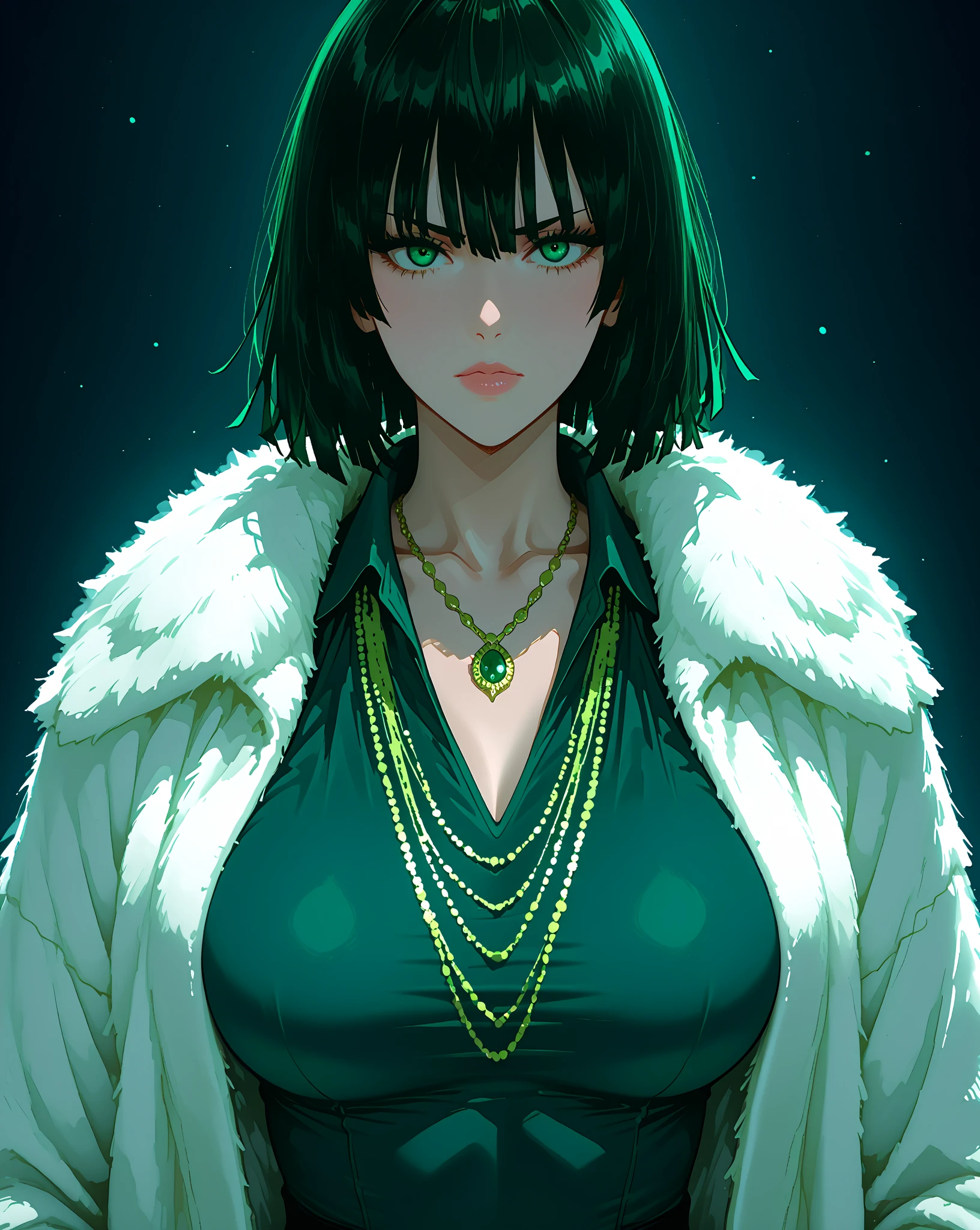 score_9, score_8_up, score_8, score_7_up, score_7, score_6_up, score_6, score_5_up, Score_5, rating_questionable, , 1girl, fubuki ,beautiful face, intricate details, big , gold necklace, black lingerie ,  white fur coat ,beautiful face , intricate details, fubuki , pose, intricate details , one punch man , close up