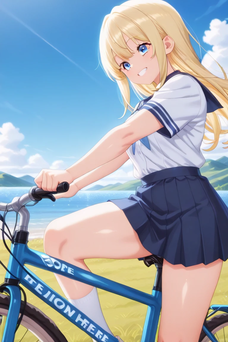 <lora:ushio:1> ushio, riding bicycle, 1girl, swimsuit, solo, one-piece swimsuit, blonde hair, long hair, blue eyes, school swimsuit, sky