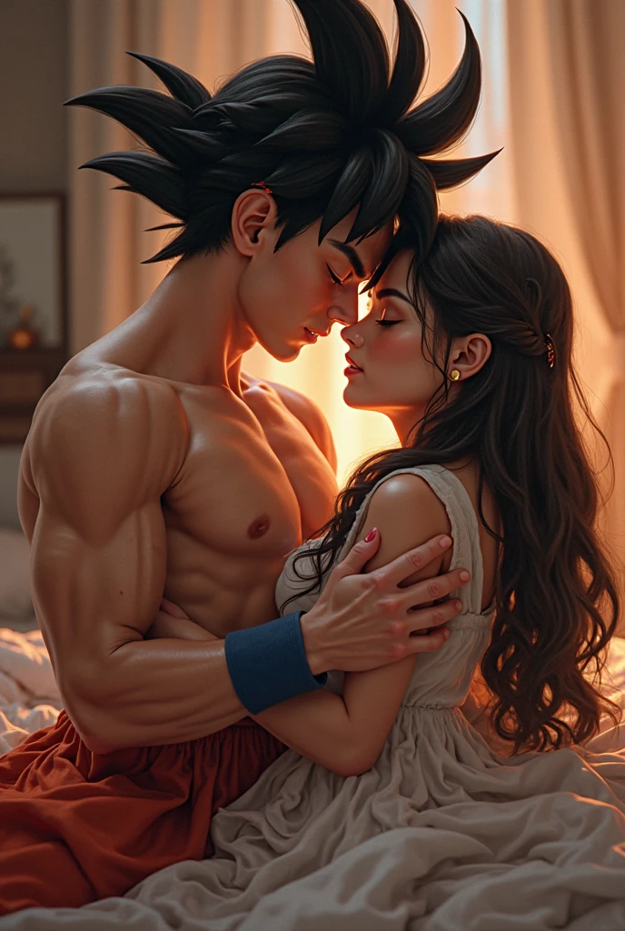 Goku kissing Vegeta with tongue naked in bed, both blushing and out of breath