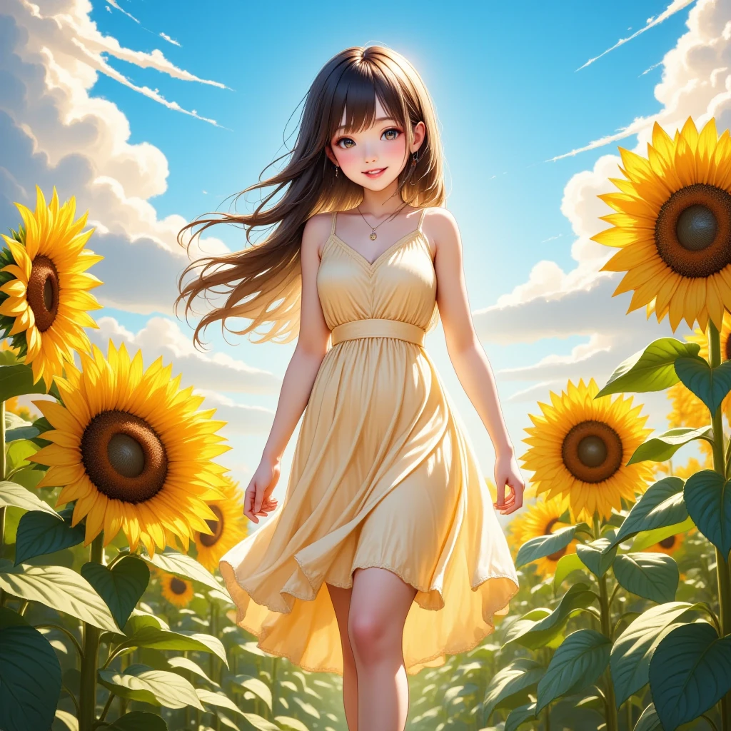 A girl holding yellow flowers, colorful balloons floating in the sky, meadow, dancing, holding flowers, happy, happy, perfect quality, clear focus (clutter-home: 0.8), (masterpiece: 1.2) (Realistic: 1.2) (Bokeh) (Best quality) (Detailed skin: 1.3) (Intricate details) (8K) (Detail Eyes) (Sharp Focus), (Happy)