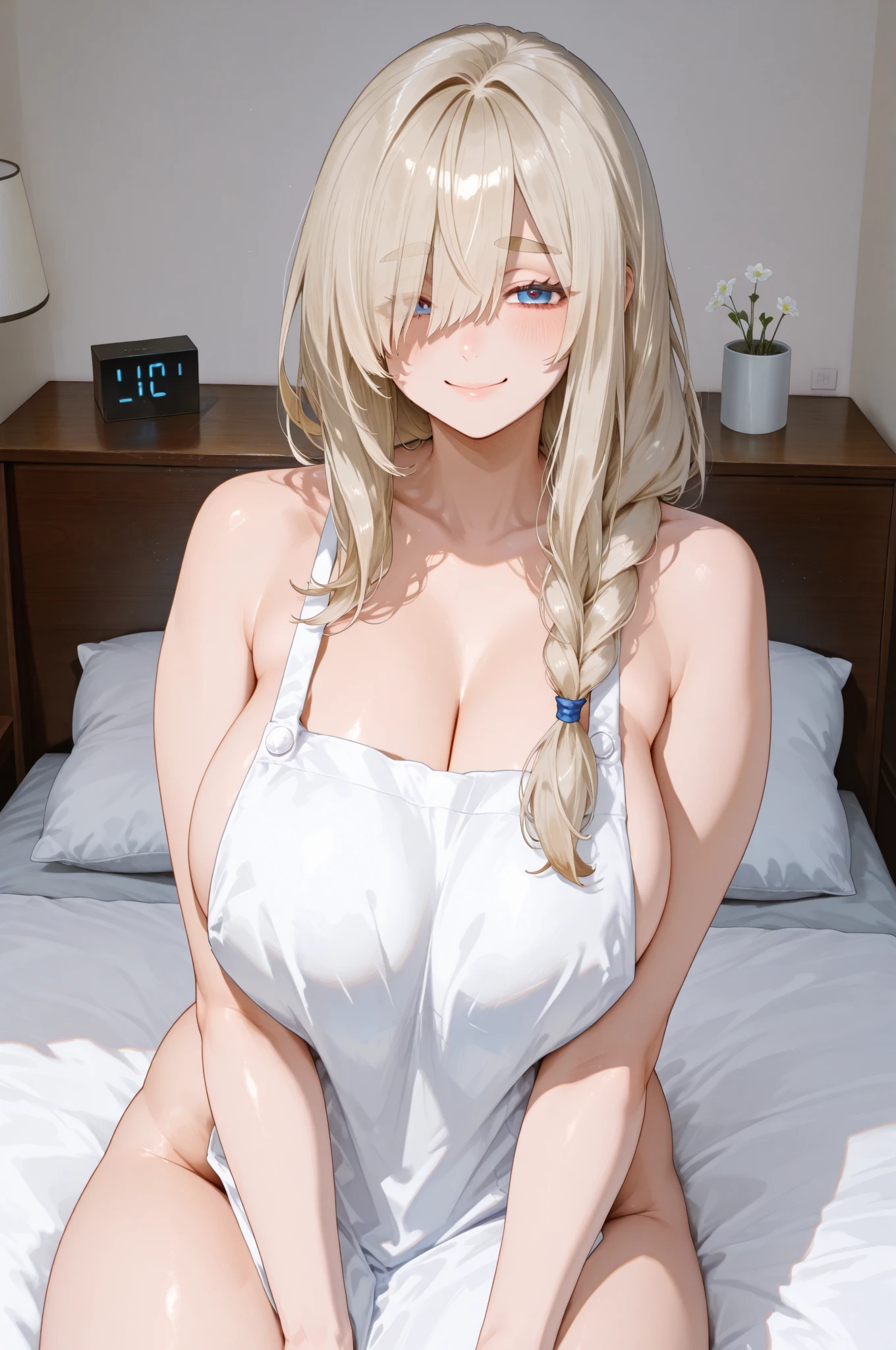 ((Top quality, 8K, 巨作: 1.3)), Sharp focus: 1.2, Perfect style, Transparent white panties, (((spread their legs, bends his knees)))), (Smiling: 1.0), (Adoring eyes: 2.0), Attractive feminine body, Beautiful, Beautiful, most famous in the world, a constriction of the waist, Beautiful legs, taut skin, Very detailed face and skin texture, Detailed eyes, Double eyelids, Pale cheeks, Healthy skin, (Double ponytail hair), (Exposed breasts), (disheveled clothes and hair: 1.2)), (Sexy pajamas: 1.2), (Huge breasts), (Natural breasts, Natural cleavage)), From below, bed