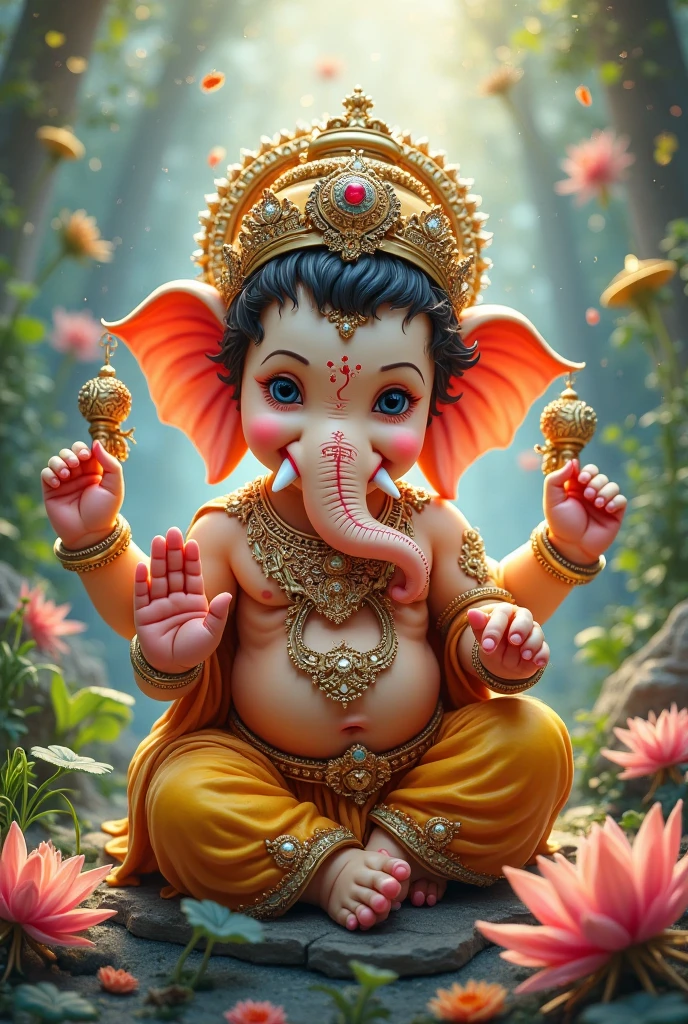 A ganesh which should look realistic.his dhoti should with dark blue with shade of white.
And ganesh should wear lots of gold.
He should sit on a Lotus with background waterfall and on land there should be pinkcock with heavy rain
And (on top write happy Ganesh chaturthi).
Big lotus and In middle of the water.and ducks in water.neon effect (ganesh right side 1 tooth should be full and left tooth should be half)