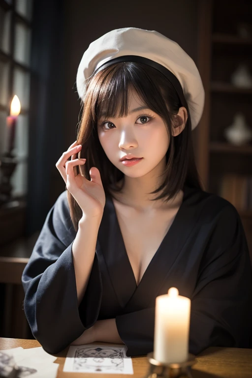 shoot from front,1young girl,15yr,look at a viewer,shorthair with bangs,((wizard clothes with witch hat)),open clothes over bra,light a flame on palm,background is castle,at nighttime
