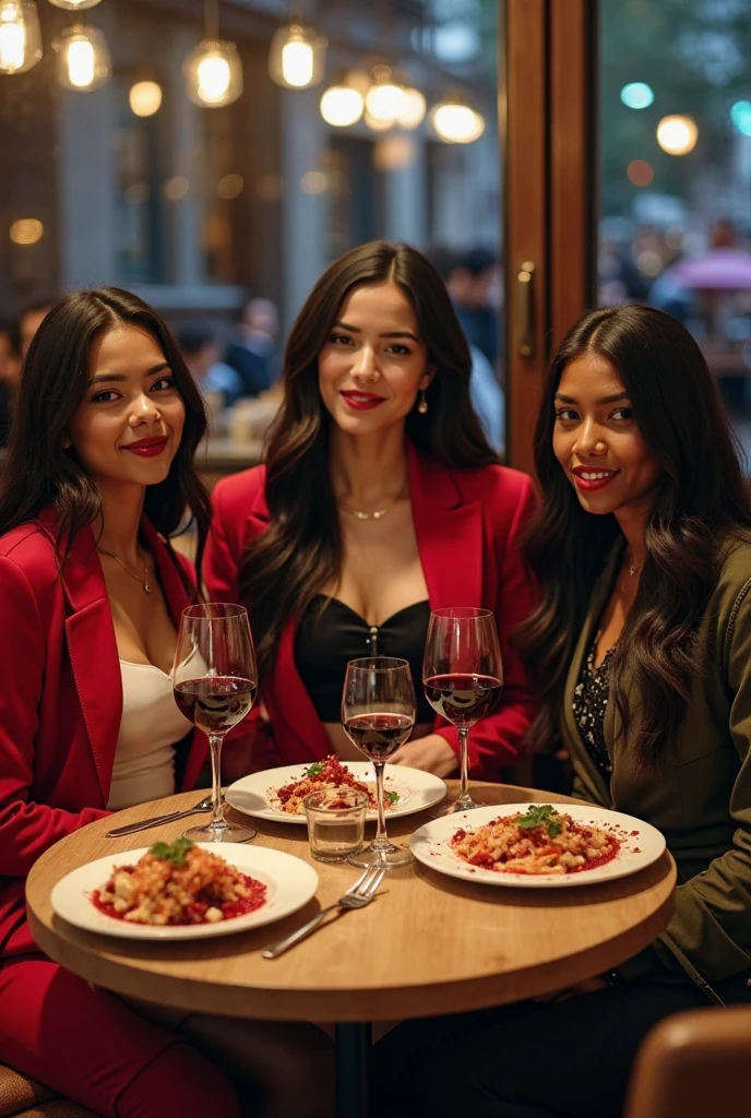 A photo of a group of (3 three women:1.4)  hanging out at dinner at a fancy outdoor bar at night while showing off their huge, round hips and big bottom in a sexy summer outfit at an fancy outdoor bar  at night in the style of an influencers, cute , about 160cm tall, brown eyes, a close up photo of them at an fancy outdoor bar at night , Instagram, hyperrealism, thick, insanely inflated hips, toned derriere, thick thighs, curvy, skinny waist and thick hips, fully clothed, little cleavage exposure, seductive look , long curly black hair, masterpiece, thick thighs, skinny waist and thick hips, beautiful thick female, view from the front, perfect front view, perfect angle, best quality, ultra quality, ultra-high quality, hyper realistic, high quality, highest, ultra highest, absurdness, 4K, 8K, 16k, hyper detailed, intricate detailed, amazing shading, high contrast, realistic, photo realistic, photography, super fine illustration, foreshortening, perfect anatomy, correct anatomy, perfect proportion, perfect face, perfect hands, perfect legs, perfect fingers, very curvy hour glass shape,  curvy, huge breasts, outdoor photoshoots. breast covered, no nudity shot on a nikon photorealistic, Masterpiece, bokeh, Volumetric lighting, low light, sensual atmosphere, close up shot, picture is shot from the front, best friends