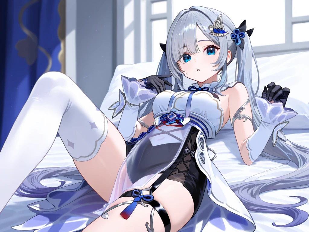(tmasterpiece, Best quality at best）one-girl，Over-the-knee boots，Lying on a white bed，spread legs，the detail，don't have clothes，A white bikini，Get wet，soaking wet，Drenched，Be red in the face，embarressed，dreads
