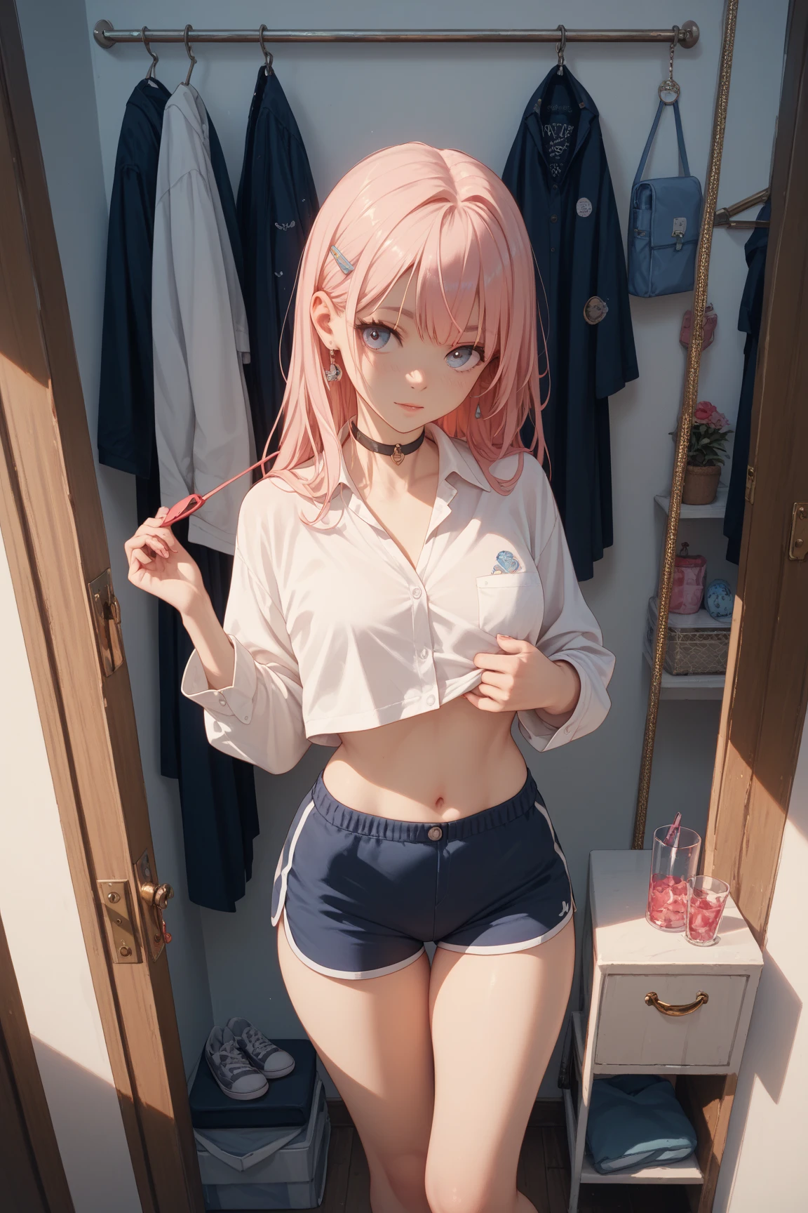 formula art，master piece，sharp focus，（full body portrait:1.3）、（Beautiful gorgeous lovely korean woman：1.3），（Beautiful lovely Korean：1.3），korean beauty，Delicate and beautiful hair, eyes and face，Realistic，super detailed，beautiful girl，blue sky，shining white particles,(side light:1.2),Light of the sun,Baiyun,detailed clouds,thin,cute big breasts and big ass,small nipples with pointed points,、toothy smile,((smile and open your eyes)),landscape,long straight hair, sexy look, building, (cityscape:1.7), dynamic hair, long straight hair, delicate platinum pink hair, (big blue eyes、wide slender eyes), (Blue pleated shirt+white skirt), long white socks, pale skin, hair ornaments, 壮大なlandscape,she was lying on the back chair，secretly watch a small movie，(close up hip)、((View from diagonally below))、Belly button look、Black Loafer Shoes、(nsfw),sitting with one&#39;s knees、bright red lustful underwear、