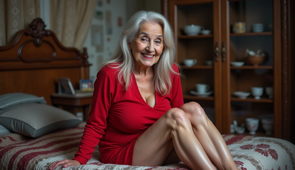 Mature old woman 80 years with hair, old face and body with many wrinkles, smiling, loose skin, standing at her sunny house, She wearing tight white shirt with deep neckline, wearing sexy black mini skirt, she wearing sexy office costume, posing sitting on a chair, old face and body with wrinkles, legs are visiable, old face, bright makeup, red lips, attractive grandma, a gorgeous old long straight hair, beautiful old grandma, lovely older mature grandma, gorgeous beautiful grandma over 80 years old, beautiful silver straight hair grandma, a beautiful old granny