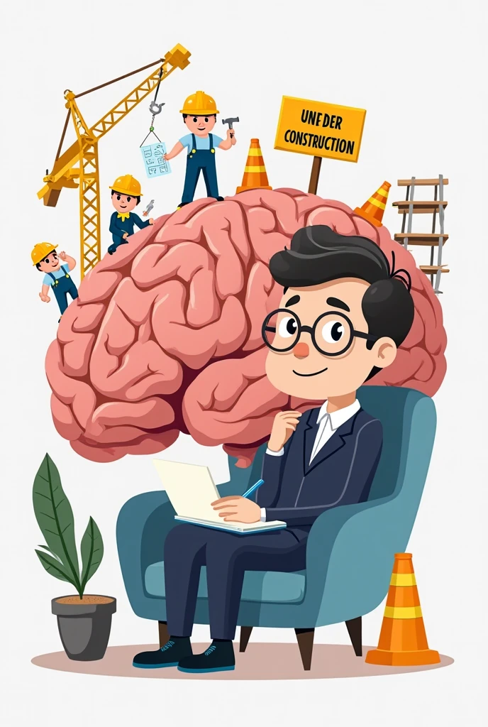 a person in a suit with a brain head and a gray background