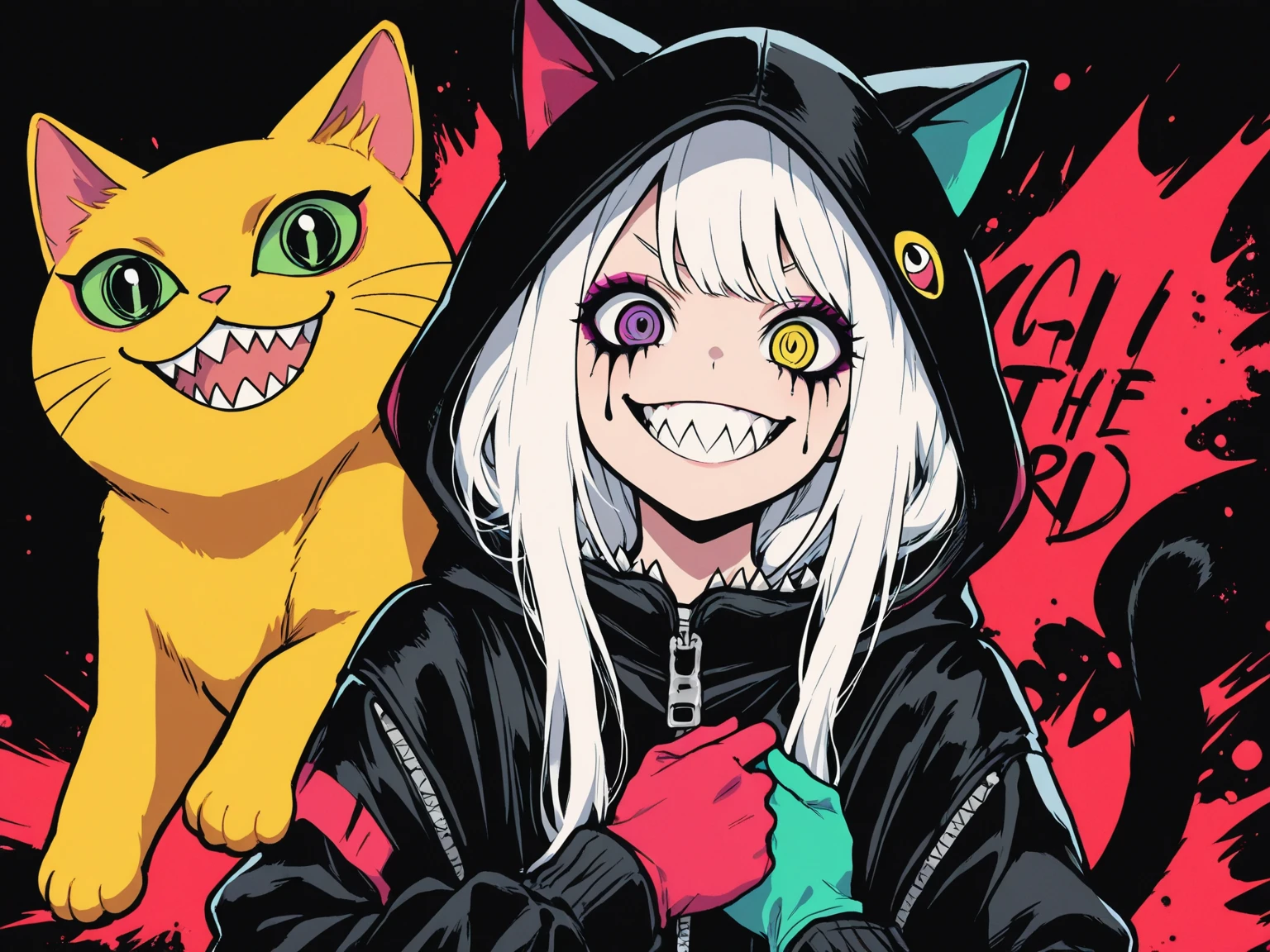 in style of Bryan Sola
character concept design,1girl,half body,incredibly long hair,neon glowing monster,open your mouth wide,fangs,two-handed paw posture