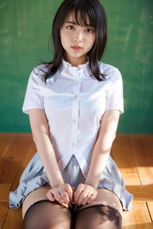 One Girl、classroom、Highly detailed background、((Baby Face))、((blush))、 (Cry:1.5)、 (Sweat:1.5),  (((Black knee socks)))、(Flat Chest:1.5)、(((Are thin)))、(squirt:1.5), Delicate and sexy collarbone、Narrow waist、dildo, Highest quality, nsfw