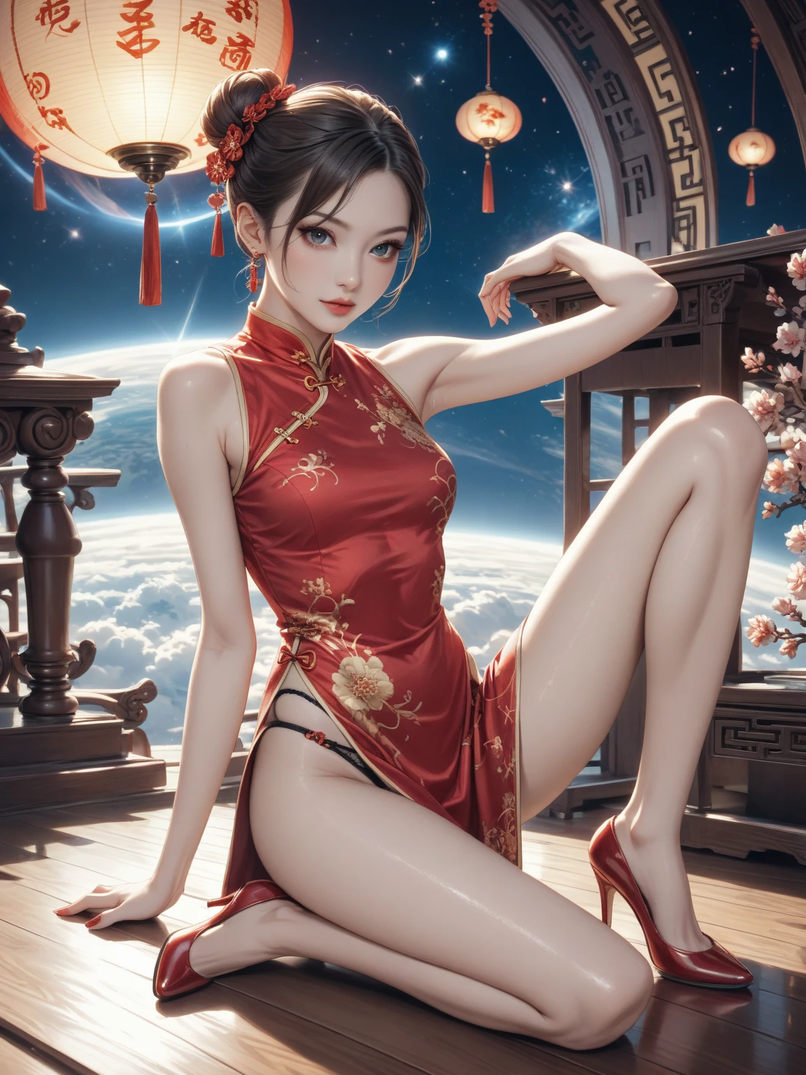 randome pose, (An extremely delicate and beautiful work), (Masterpiece), 1girll, (qipao dress:1.7), (Legs are exposed:1.7), (Show feet:1.7) ,Cute,   Narrow waist, Very thin legs, Highly detailed, waist leaking, Ponytail Contortion, Enchanted expression, beautiful and clear eyes, green eye pupil, Delicate necklace, Delicate earrings, Simple blurred background, Extreme detail description, Beautiful, Charming, Ultra-fine painting, Delicate face, Delicate figure, Fine collarbones, lovely lips, Beautiful breasts, soft behind,spread their legs，The reveal panties，(8K, RAW photo, Best quality, Masterpiece:1.2), (Realistic, photo-realistic:1.37),1girll,Cute,beach, Night, rain, Wet, Professional lighting, photon maping, Radio City, Physically-based rendering,black lence stockings，The reveal panties，Spread your legs，Leaking panties，blacksilk