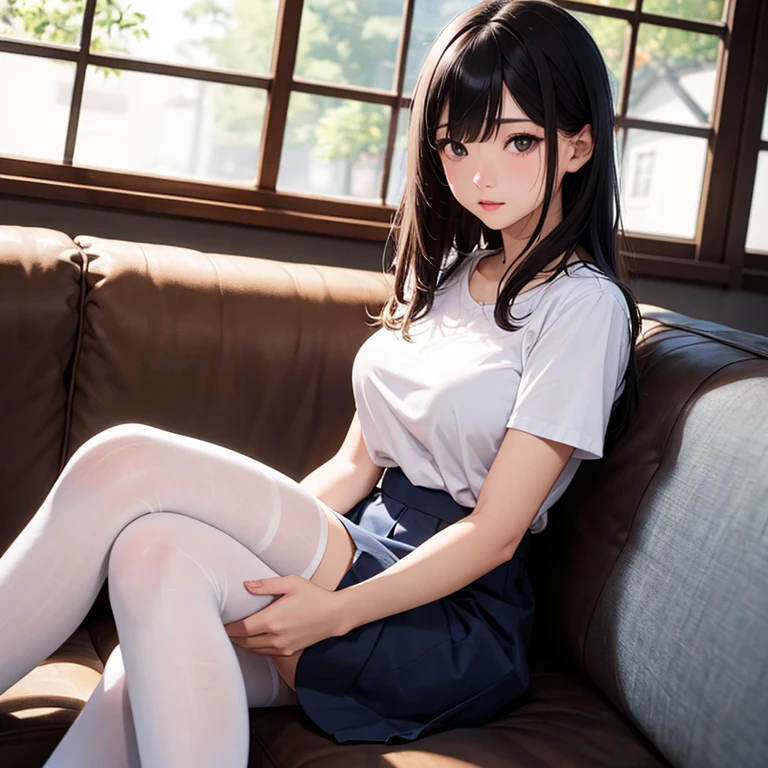photorealisim、top-quality、超A high resolution、a picture、Extraordinary beautiful girl、Highlights of cheek luster、Detailed cute and beautiful face、(pureerosface_v1:0.008)、Beautiful bangs、Glowing white shiny skin、Bangs between the eyes、shiny and beautiful hair、Silky hair、finer hair、High-definition eyes、Beautiful, Bright and clear, Big eyes shine charmingly、eye liner、Double eyelids、Full body like、red blush、embarrassed from、shiny little necklace and earrings, shiny lips: 1.4,  (Shy laughter)、Kamimei、red blush、Tears are embarrassing、(White shirt)、((darkblue pleated skirt))、((Light blue lace panties))、((Open knees))、((open one's legs))、((Disheveled clothes))、((Dressing))、Puffy nipple、Neat and clean female 20-year-old female teacher、Brown hair, bangs flowing diagonally, Medium Wave Long Hair, Blue eyes, medium breast size, (sit on stairs)