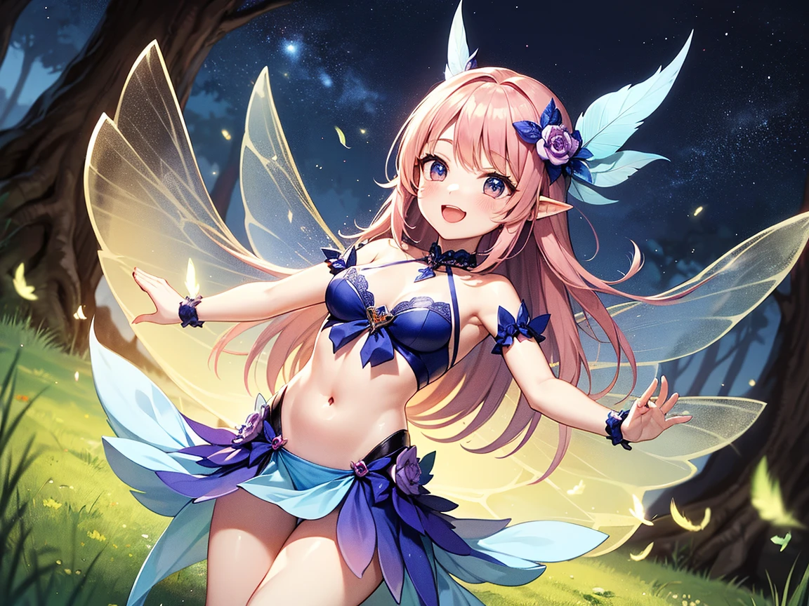 caustics, high details, high quality, sparkle, pastel colour, 1girl, fairy, fairy in fantasy, girl with wings on her back, big wings on the back, fairy wings, (fairy wings of water with CGI effect), sister, small, cute, smile, blush, open mouth, beautiful girl, looking at the camera, shiny hair, light brown hair, very long hair, long hair that reaches the butt, blunt bangs, straight hair, half up pigtails, long ears, white long ribbon, blue eyes, droopy eyes, beautiful eyes, sparkling eyes, flat chest, curvy, beautiful stomach, belly button, beautiful thighs, pale emerald green dress, see-through dress, strap dress, gold trim dress, pale emerald green panties, side string panties, gold trim panties, barefoot, golden bracelet, golden ankle bracelet, luxurious gold necklace, golden earrings, Transparent wings, insect wings, Plains of white flower, pale sunlight, on the lake, petals dancing in the wind, hair blowing in the wind, colorful flowers, shoot from above, full body shot, front view