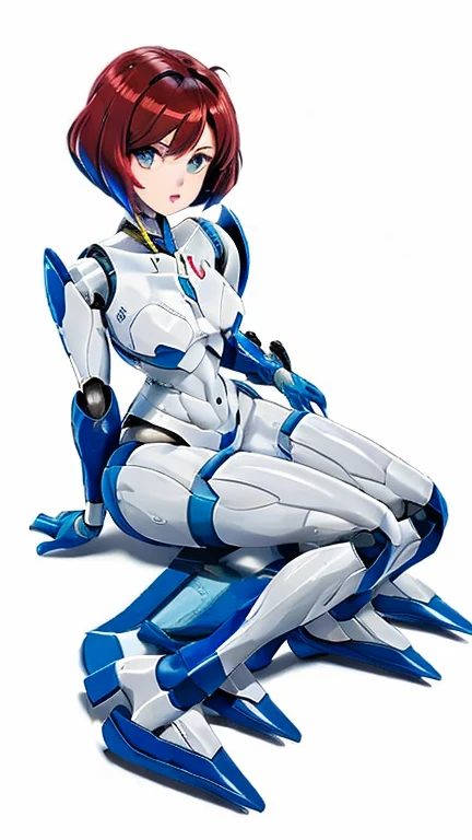 (masterpiece, best quality, ultra high res, beautiful detailed hair detailed face, perfrct feminine face), an anime picture of a woman in a white suit sitting on a stair, an anime drawing inspired by Leiko Ikemura, pixiv, furry art, fully robotic!! catgirl, anime manga robot!! anime girl, glossy white armor, gainax anime style, anime robotic mixed with organic, in white futuristic armor, perfect anime cyborg woman, by sakimichan, akira yasuda, george kamitani, and william-adolphe bouguereau