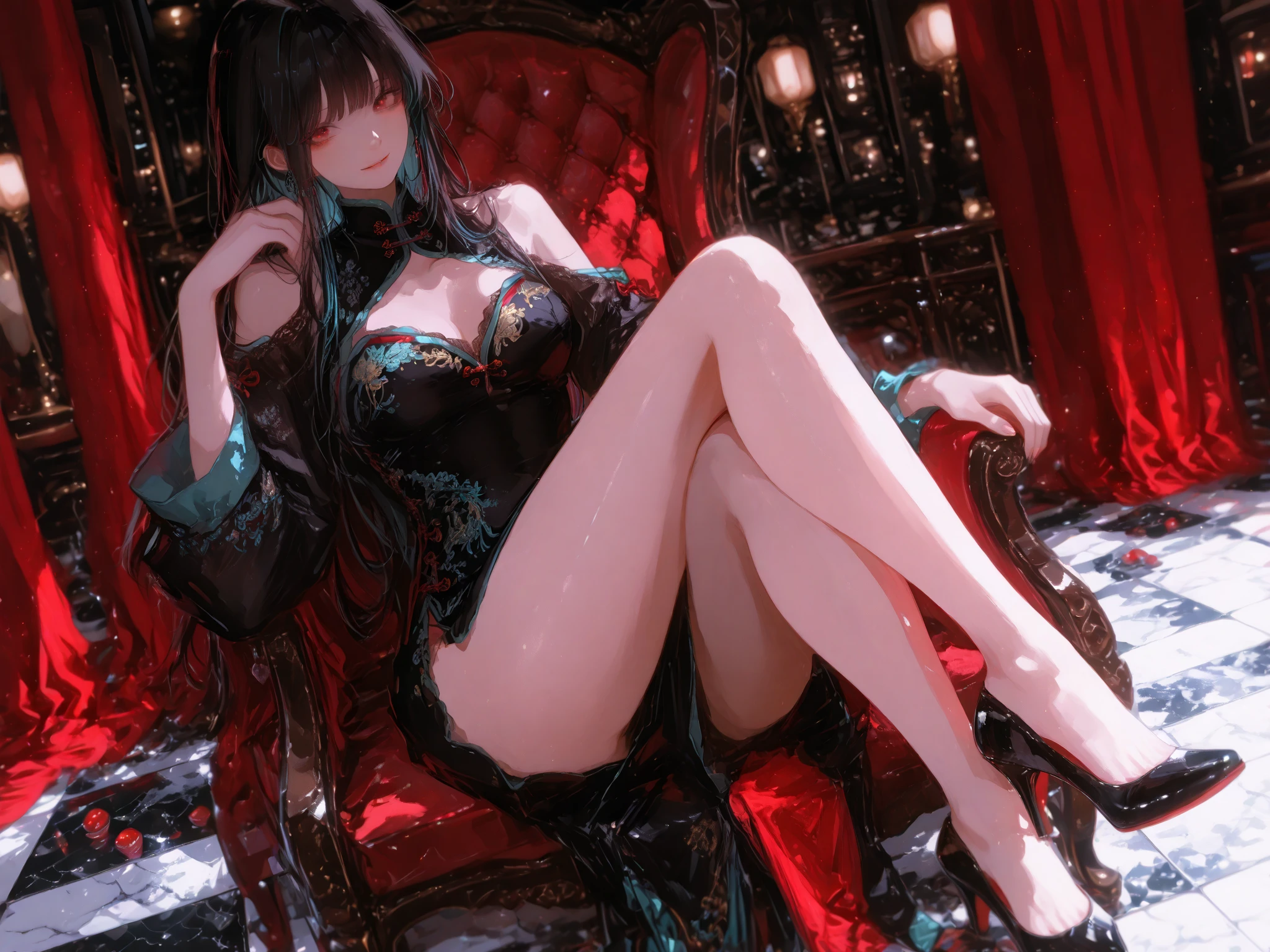 (Exquisite eyes),(Clear and beautiful eyes:1.61),masterpiece, 1 young girl,(Black clothes and some red gems), Black long hair, (She has a huge red gem on her chest), Good Hand,((The Havoc of StarCraft)),full-body shot,Fighting Stance,(Red Eyes:1.466),short and small,(Very big breasts:1.35),(Pretty Face),(full-body shot:1.33),Beautiful hands