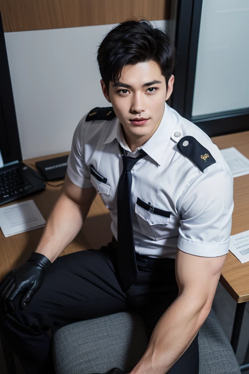1 young handsome guy，20-22 years old，police officers，Interpol，hallways，The gun is handsome，musculous，hairy bodies，police uniforms（Fine eye 1：3），Black eyes，full bodyesbian