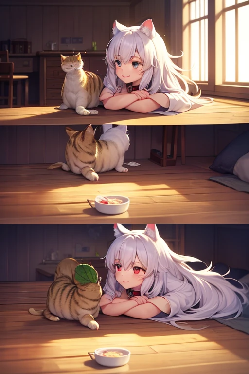 (masterpiece, best quality:1.2), 1girl, solo, no_shoes, hair_over_one_eye, food_on_face, sitting, soles, white_pantyhose, red_eyes, feet, holding_food, hairclip, animal_ear_fluff, short_hair, bangs, closed_mouth, looking_at_viewer, eyes_visible_through_hair, grey_hair, eating, blinds, red_ribbon, smile, blush, cat_ears, side_braid, toes, heart_hair_ornament, open_jacket, puffy_long_sleeves, cat_tail, hairpin, dress, white_jacket, red_bow, cat_girl