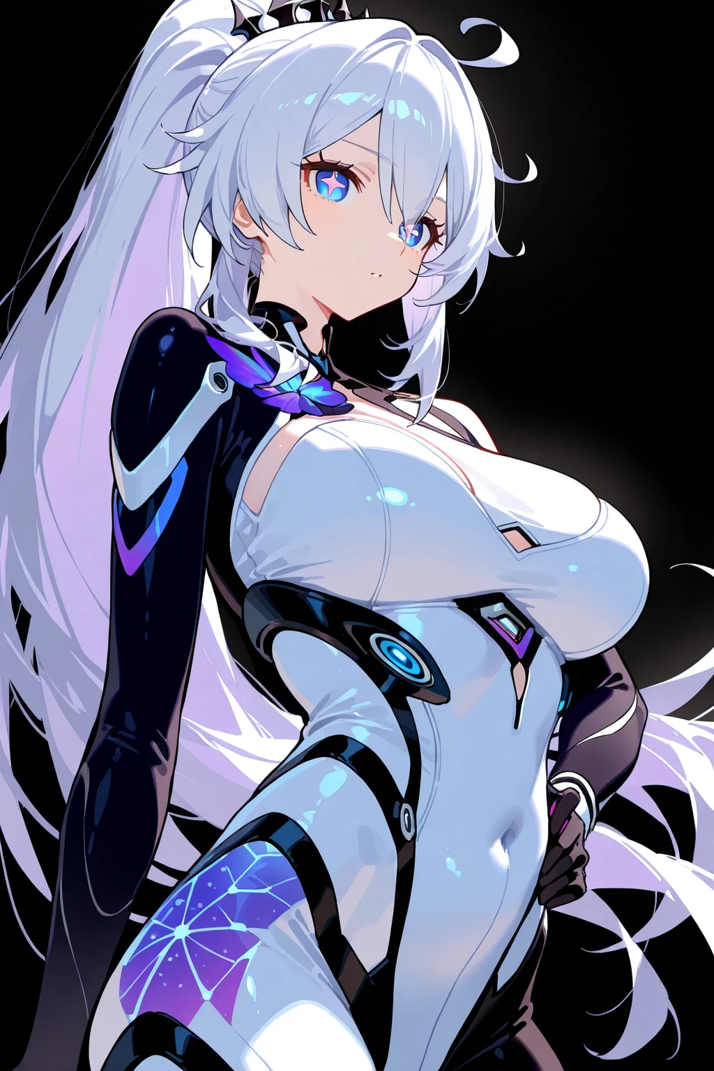 top-quality、Top image quality、masterpiece、Android Girl((sixteen years old 、Broken, skinny , cybersuit glowing black, red and white、neon energy source for the chest 、Light blue shiny hair、Long hair , spiky hair, messy hair, long fringe on hair, holding a chain whip, chains around her body, giant chains, Cyber Skirt、purple neon eyes 、Valley、Happiness、A slender))hiquality、Beautiful Art、Background streets (cyberpunk city、masutepiece、Elaborate design、visualart、Theatrical films, glowing neon eyes, cyberpunk, futuristic, white silver hair, no pupils on eyes