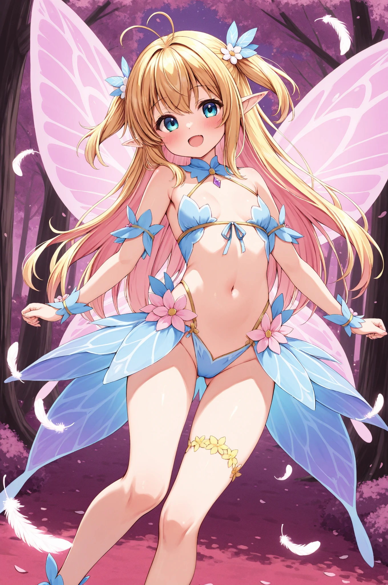 1girl ,fairy, butterfly wings, beautiful clothes,(high resolution, high detail, best quality), medium breasts, topless, smiling, teen,