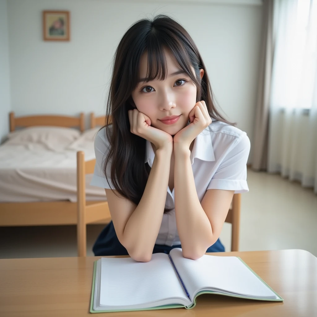 Eleven o'clock at night,My daughter is too tired from doing her homework,Fell asleep on the table,The mother reminded her daughter loudly,Dad washing fruit in the kitchen room