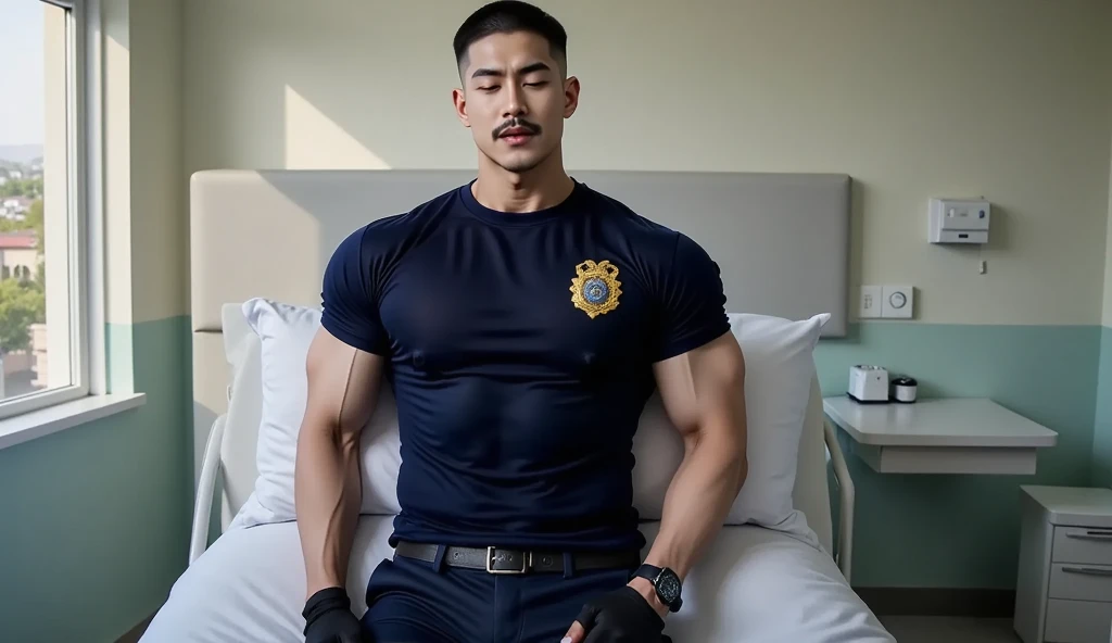 3d model,​a​​​ hot​ asian daddy​,lean body, 29 ages​​​ , wearing​ a​ police uniform, chains​ necklace​, (huge pecs)​​ ,​ tan​ skin, at​ home​ old​s,cool