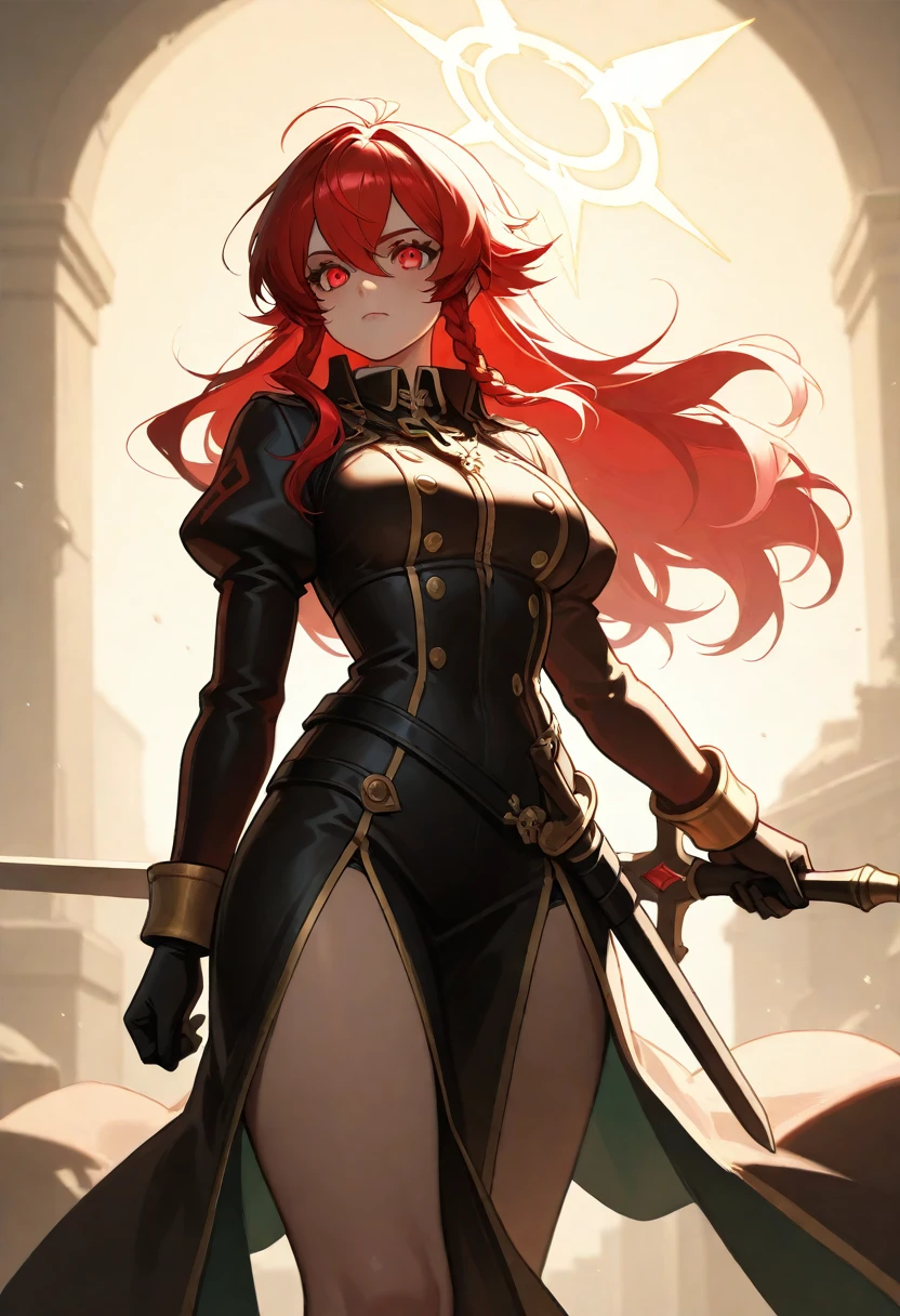 green eyes, red hair with long bangs, noble, mafia. sadistic women, wavy long hair. weaving black purple uniform.